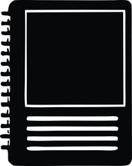 Poster - Simple black silhouette of an open spiral bound notebook with blank pages and a lined section at the bottom
