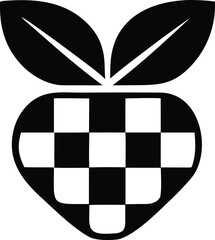 Poster - Stylized black and white icon of a heart shaped fruit or vegetable with two leaves and a checkerboard pattern