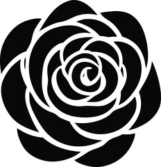 Poster - Stylized black and white rose silhouette with swirling petals and a central bud on a white background