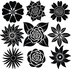 Poster - Collection of nine distinct black and white floral silhouettes featuring various petal shapes and central designs on a clean white background