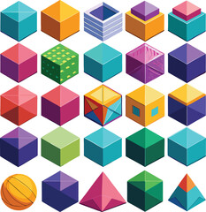 Fototapete - A vibrant collection of isometric 3d geometric shapes and a basketball presented on a clean white background