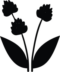 Poster - Stylized black silhouette of three clover flowers with two large leaves on a white background representing nature and simplicity