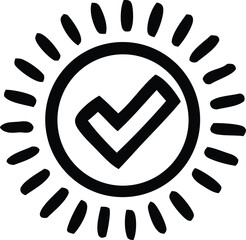 Poster - Black and white graphic of a sun symbol with a checkmark inside representing approval success or a positive outcome