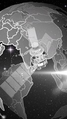 Poster - Animation of satellite over globe spinning on black background