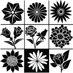 Poster - A grid of nine black and white floral illustrations featuring various stylized flowers and roses presented in a clean graphic design