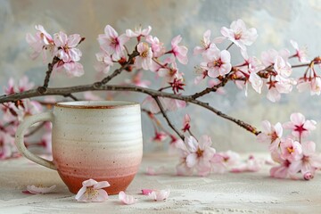Fototapete - High Resolution Picture of Ceramic Tea Cup with Cherry Blossoms