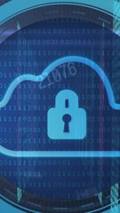 Poster - Animation of clouds with digital padlock in circle over servers