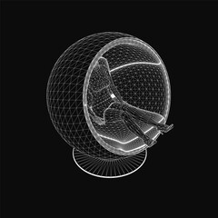 Poster - A young girl sits comfortably in a spherical wireframe chair, its intricate design creating a striking visual contrast against the black background. The modern aesthetic highlights both the chair