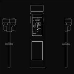 Poster - a black and white line drawing features three types of electrical equipment, including a power suppl
