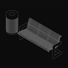 Poster - A black and white sketch-style bench stands on an empty street with a roll of toilet paper placed on top. The simple line drawing conveys urban solitude.