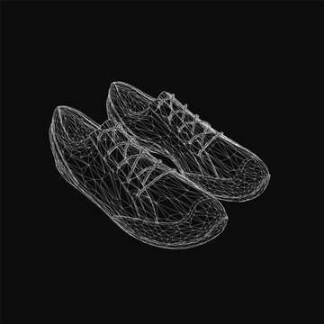 Wireframe sneakers rendered in 3D with realistic details on a sleek black background. The shoes feature clean lines and a modern design, showcasing the structure and contours.