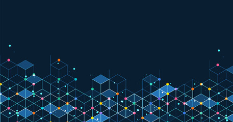 Poster - 3D cube mesh design with glowing elements on dark background, perfect for digital technology, data visualization, and modern networking themes.