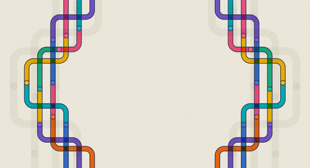 Aufkleber - Vibrant subway-style curved lines and circular nodes form a dynamic frame on a soft beige background, ideal for layouts, maps, or infographics.