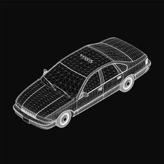 Poster - A 3D wireframe model of a taxi car on a sleek black background, showcasing realistic contours and structural details. The design highlights precision and modern automotive aesthetics.