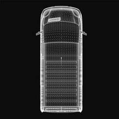 Poster - A wireframe van model in 3D showcases intricate structural details against a sleek black background. The transparent mesh design highlights the vehicle's framework and contours.