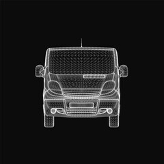 Poster - A 3D wireframe van model displays intricate structural details on a sleek black background. The transparent design highlights the vehicle's framework with precision. Perfect for automotive concepts.