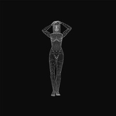 Poster - Wireframe of a woman with clean geometric lines, digital art style, transparent mesh structure, futuristic aesthetic, and minimalist design. Perfect for tech and design projects.