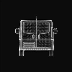 Poster - Wireframe van illustration on black background highlights the vehicle's detailed structure and design. Clean lines showcase the model's dimensions and contours. Perfect for automotive concepts.