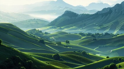 Poster - A scenic view of a mountain range with a valley in the foreground, suitable for use in travel or nature-inspired projects