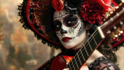 Poster - A woman dressed in a red and black costume plays a guitar, ready for a performance or jam session