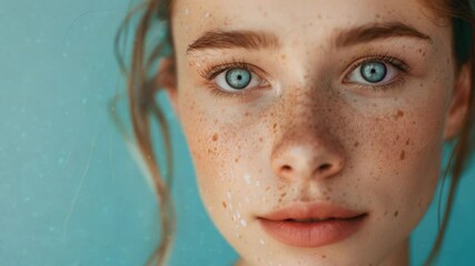 Poster - Close-up shot of a woman's face with freckles, suitable for beauty or lifestyle uses