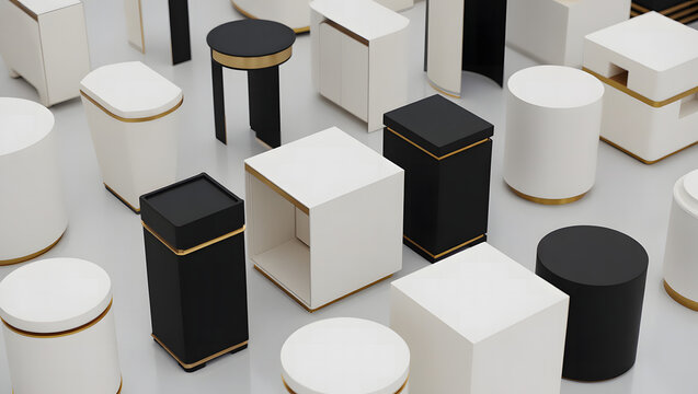 Photo of a collection of modern black and white tables with gold accents, isolated on white background