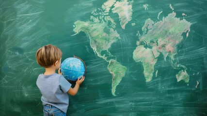 Poster - A young boy creates a world map on a chalkboard, using colorful chalk