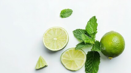 Poster - A close-up of limes and mint leaves arranged on a white surface, ideal for use in still life photography or as a decorative element