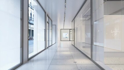 Poster - A long hallway with plenty of glass walls offering views and natural light