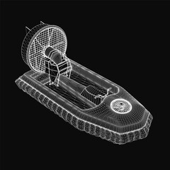 Poster - A 3D model of a hovercraft blueprint floats on a black background, featuring intricate lines and smooth curves for a realistic design. The detailed rendering highlights the boat-like structure.