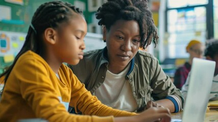 Poster - A woman and young girl sitting together in front of a laptop, possibly working or learning something