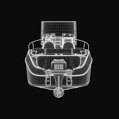 Poster - A sleek motor boat wireframe model floats on a black background, showcasing intricate 3D details of its hull and structure. The transparent design highlights the boat's contours and mechanical.