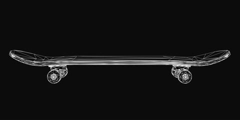Poster - A black and white skateboard drawing stands out against a dark background, centered with clean lines and detailed deck texture. The stark contrast highlights the dynamic shape and wheels.