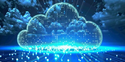 Wall Mural - cloud computing concept with a digital cloud raining data on electronic circuitry