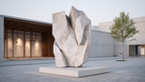 Modern abstract stone sculpture on display in a minimalist outdoor plaza with contemporary architecture and a young tree.