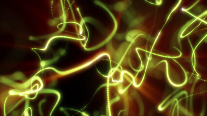 Poster - Abstract glowing yellow-green light trails weaving across a dark space, forming an intense flow of energy and movement