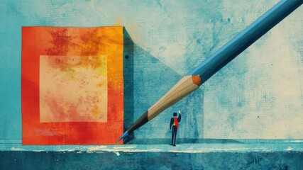 Poster - A person stands in front of a large pencil stuck into a wall, ideal for education and creative themes