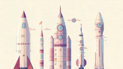 Wall Mural - a group of rockets soaring through the clouds, great for space-themed projects or adding some excite