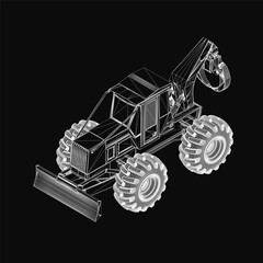 Poster - A detailed 3D model of a bulldozer tractor with intricate blueprint lines and curves, showcasing realistic mechanical design on a black background. The model highlights precision engineering.