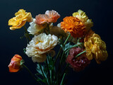 Artistic still life of a colorful bouquet with yellow, cream, and orange ranunculus flowers on a dark background.