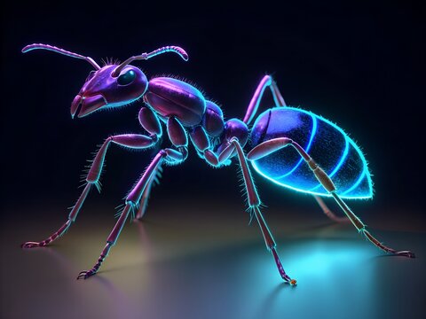 3d rendered futuristic ant with neon glow on a dark background