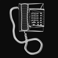 Poster - A vintage wired telephone sketched in black and white on a dark background. The drawing features clean lines and a simple wire connecting to the screen. The sketch-like style gives it a minimalist.