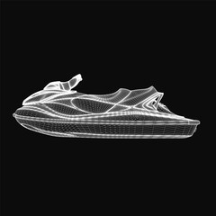 Poster - A sleek black and white jet ski drawing features crisp white outlines against a dark background, emphasizing its dynamic shape and motion. The minimalist side view highlights the water scooter's.