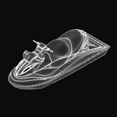 Fototapete - A sleek 3D wireframe jet ski model floats on a black background, showcasing intricate design details. The water scooter features realistic contours and a futuristic aesthetic. Perfect for tech.
