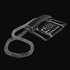Fototapete - A wired telephone 3D model in wireframe style stands out against a black background. The detailed mesh structure creates a realistic and modern aesthetic.