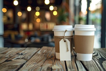 Fototapete - High Quality Image of Coffee Cups on Wooden Table with Paper Tag Friendship Concept