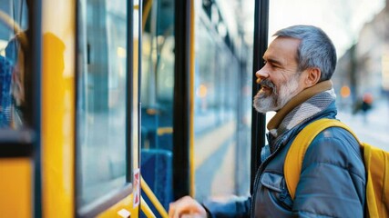 Poster - A person standing next to a bright yellow city bus, perfect for use in transportation or public service themed projects
