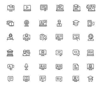 Virtual Education Icon Set for Online Learning, eLearning, Webinar & Certification | Adjustable Line Weight | Training, Remote Study, Digital Classroom, Graduation, Language Course