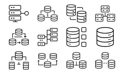 Fototapete - Collection of database icons illustrating data storage and network architecture