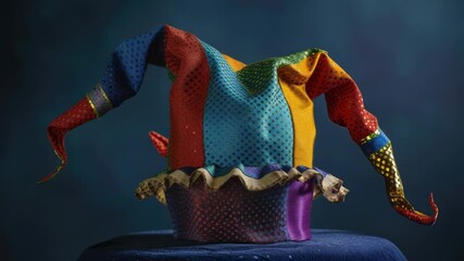 Poster - A colorful clown hat sits on top of a wooden table, ready for use or display